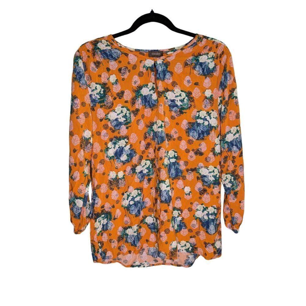 Crosby Orange Floral 3/4 Sleeve Key Hole Blouse Women's Large